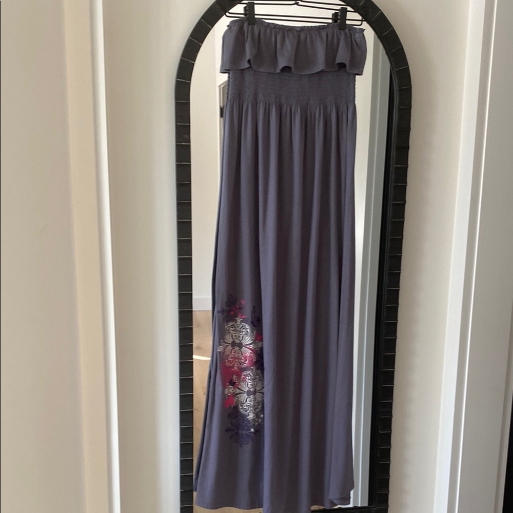 Gray Strapless Maxi Dress Floral Design